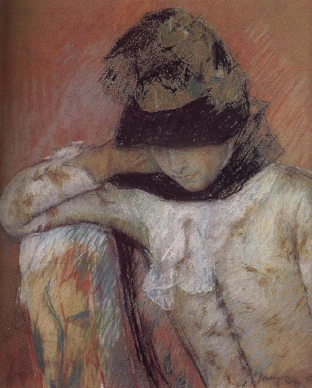 Mary Cassatt The young wearing the hat and looking down oil painting image